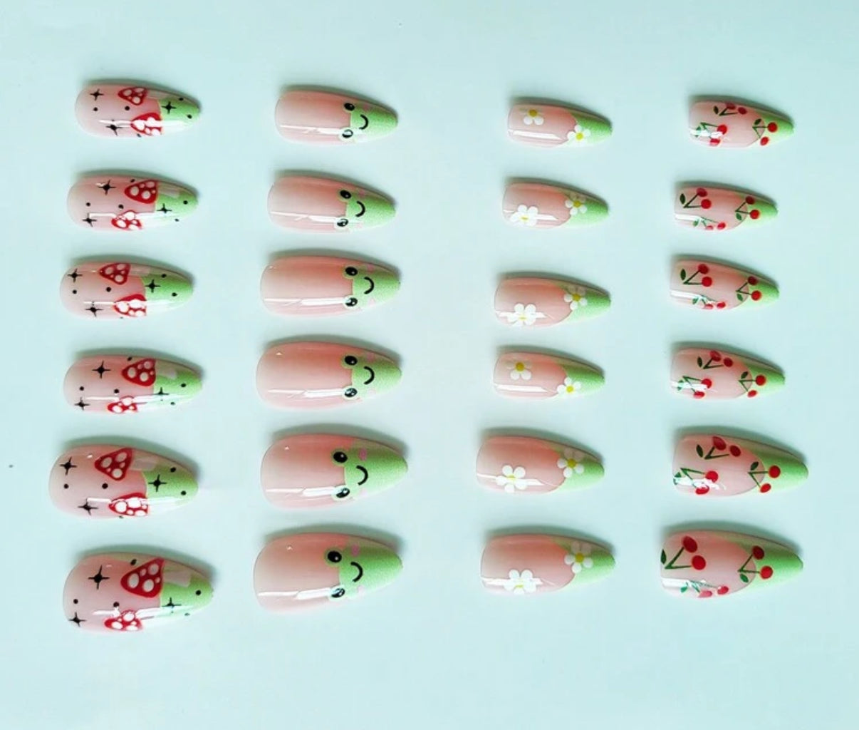 24pc Almond Nails with Green Froggy French Tips & Mushrooms - Press-on Express
