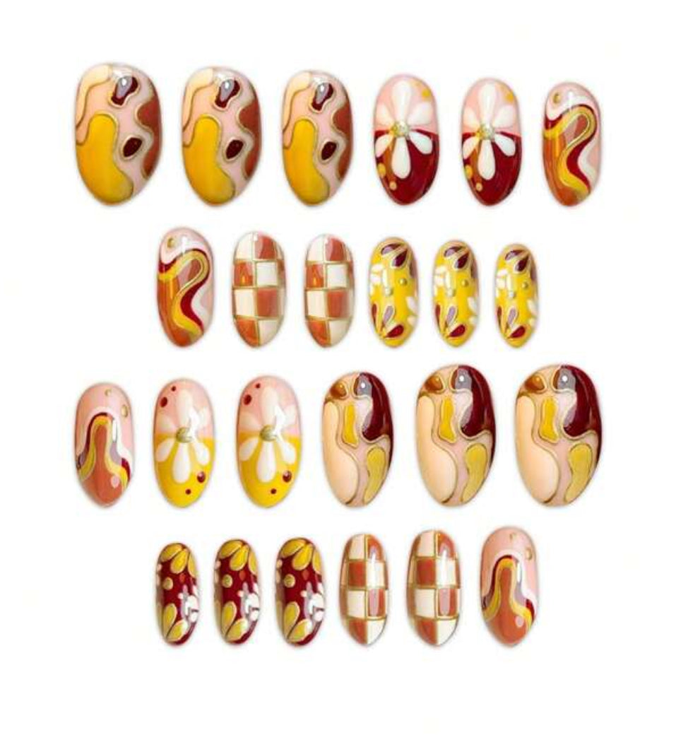 24pc Round Nails Retro-Inspired abstract with yellows reds and whites - Press-on Express