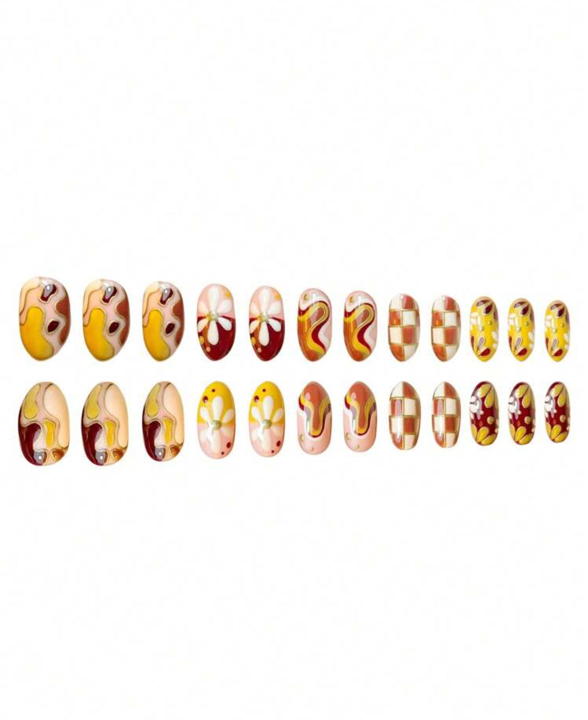 24pc Round Nails Retro-Inspired abstract with yellows reds and whites - Press-on Express