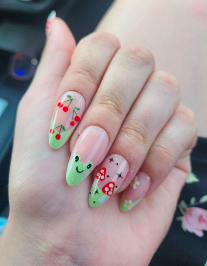 24pc Almond Nails with Green Froggy French Tips & Mushrooms - Press-on Express