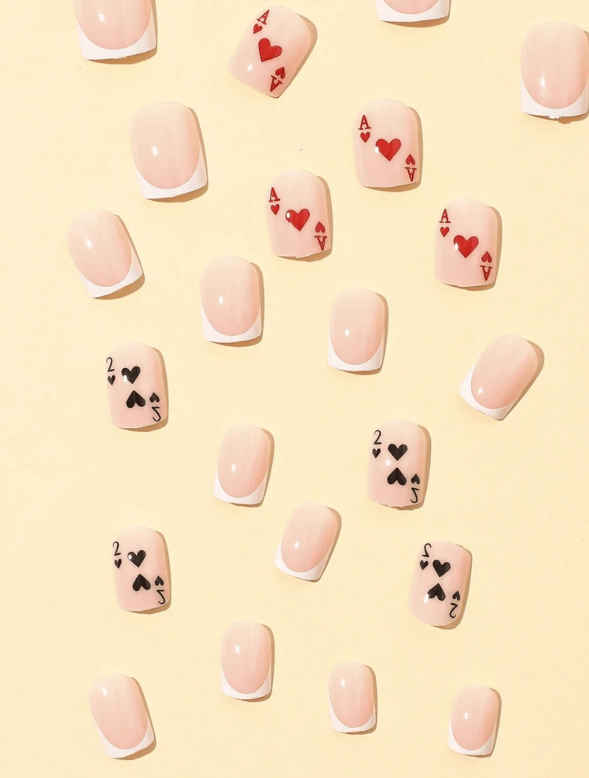 24pc Short Square Nails in classic French tips featuring card suits - Press-on Express