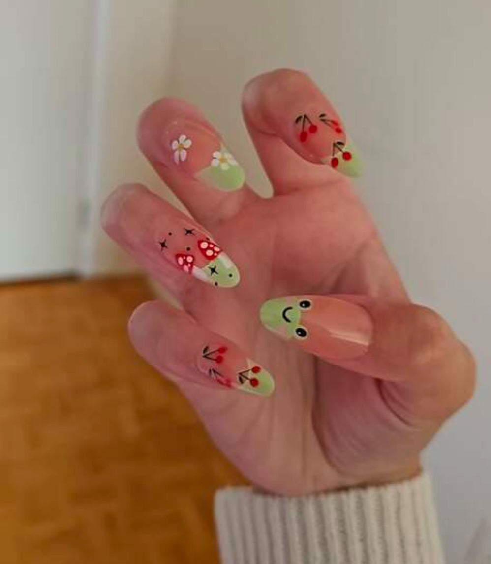 24pc Almond Nails with Green Froggy French Tips & Mushrooms - Press-on Express
