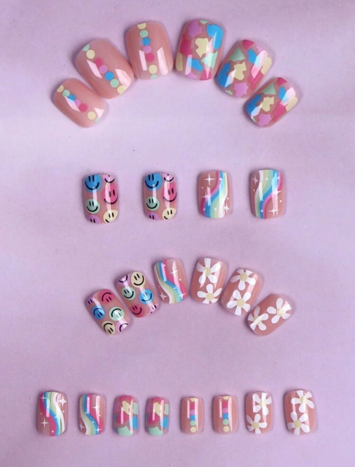 24pc Square Nails with Pastel Smileys, Flowers & Rainbows - Press-on Express