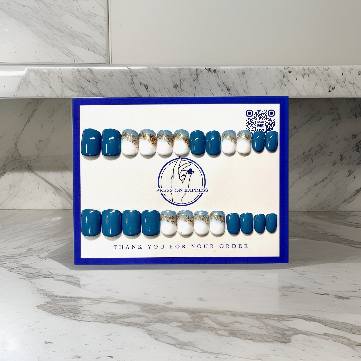 24Pc Short Square Nails with Blue and Gold Accent Designs - Press-on Express