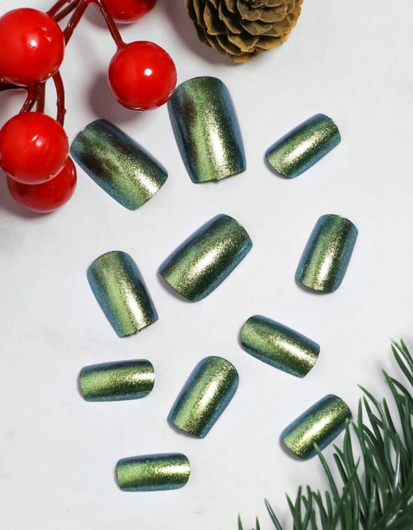 24Pc Square Nails set in Sparkly Iridescent Greens & Blues - Press-on Express