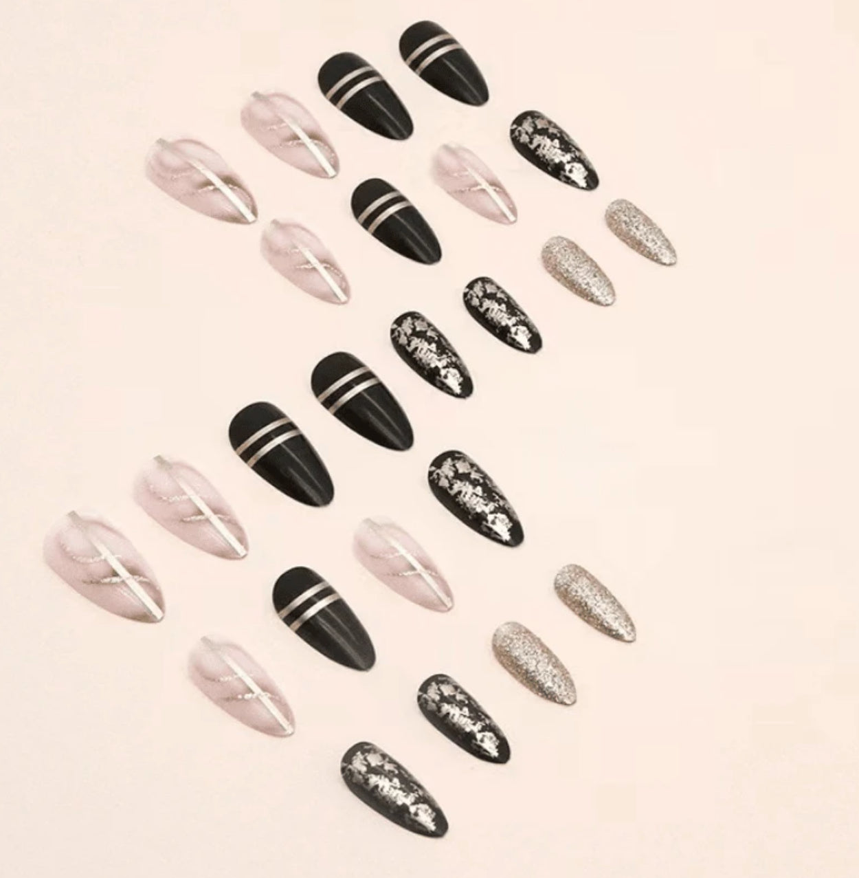 24Pc Stiletto Nails with black and gold designs - Press-on Express