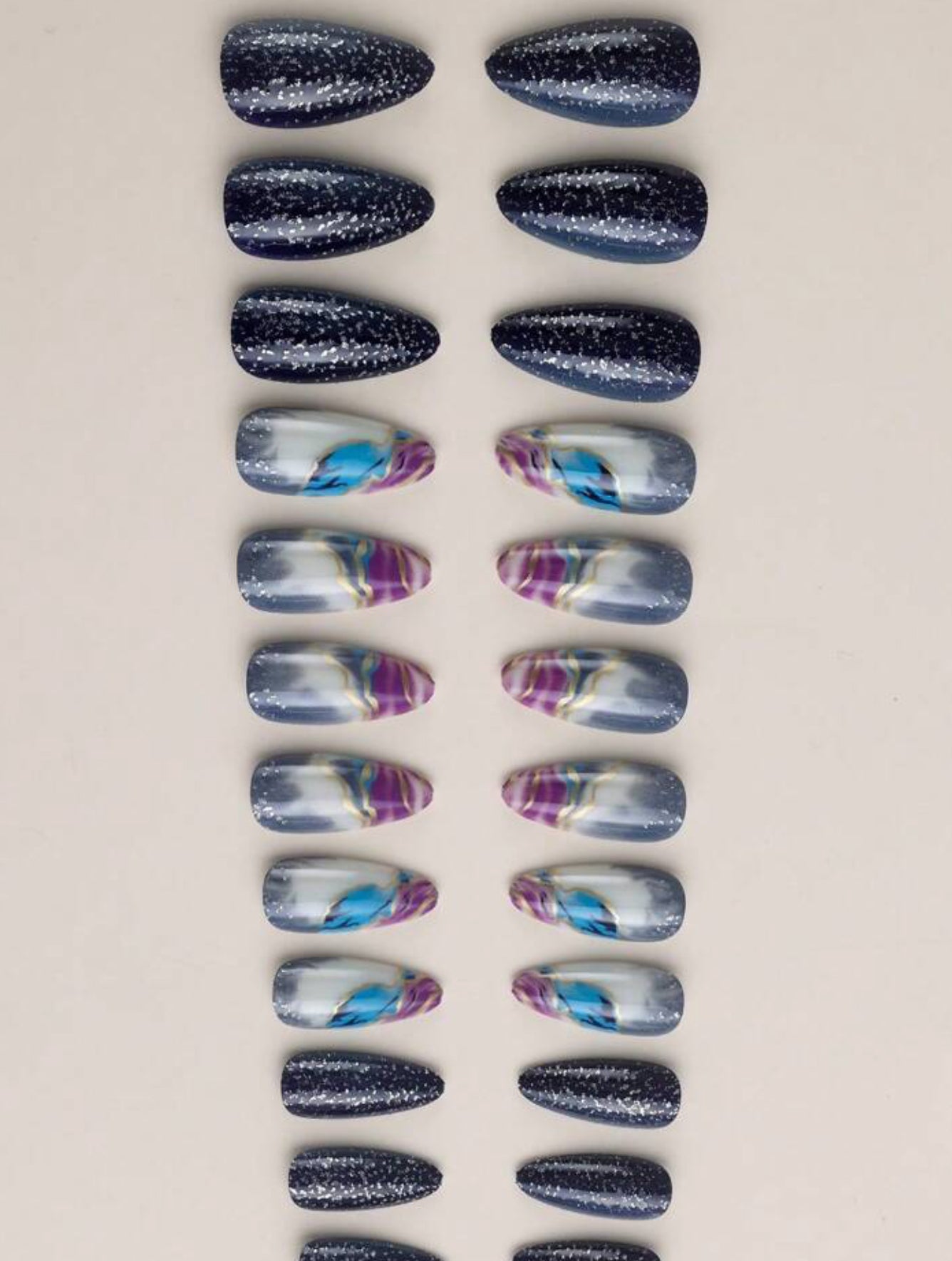 24Pc Almond Nails set in Purple Blue galaxy with Gold marble - Press-on Express