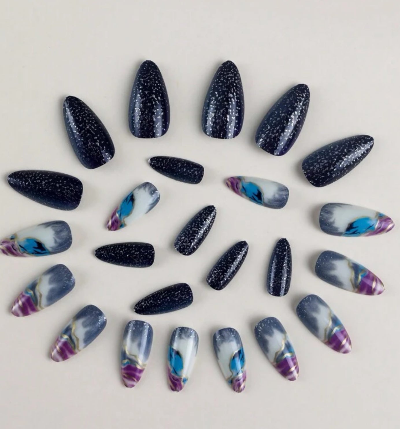 24Pc Almond Nails set in Purple Blue galaxy with Gold marble - Press-on Express