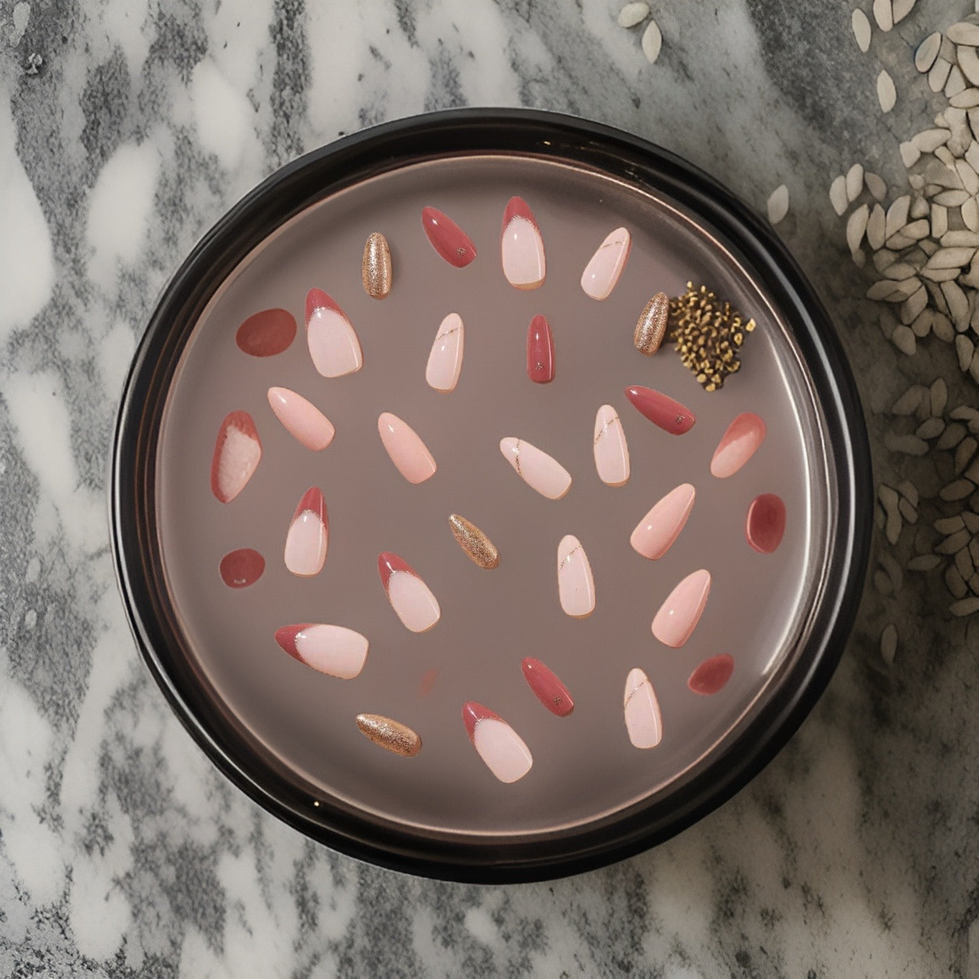 24Pc Almond Nails set in Shades of Nude Pink with Gold Accents - Press-on Express