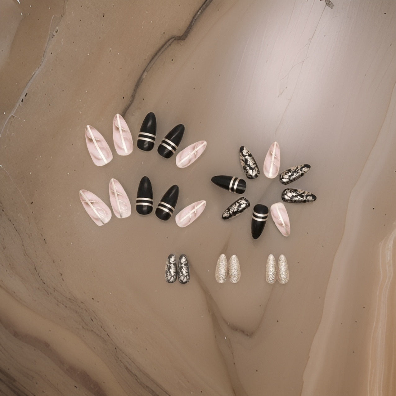 24Pc Stiletto Nails with black and gold designs - Press-on Express