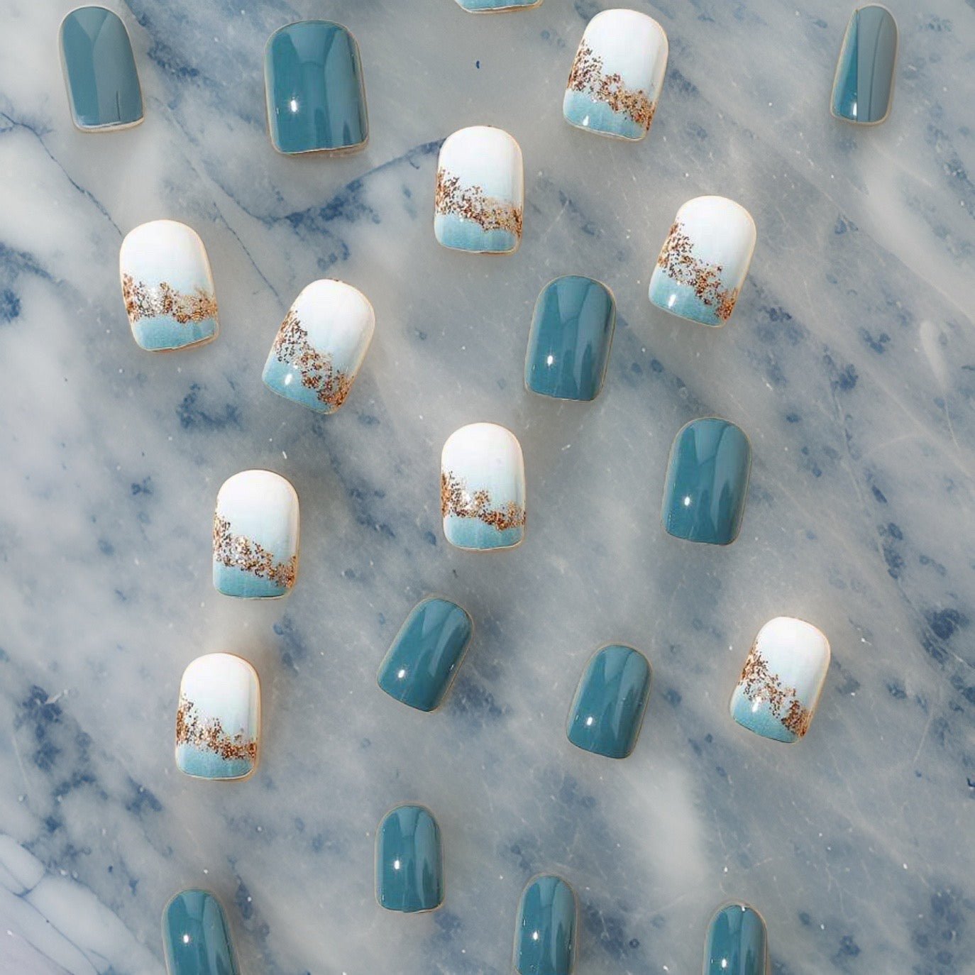 24Pc Short Square Nails with Blue and Gold Accent Designs - Press-on Express