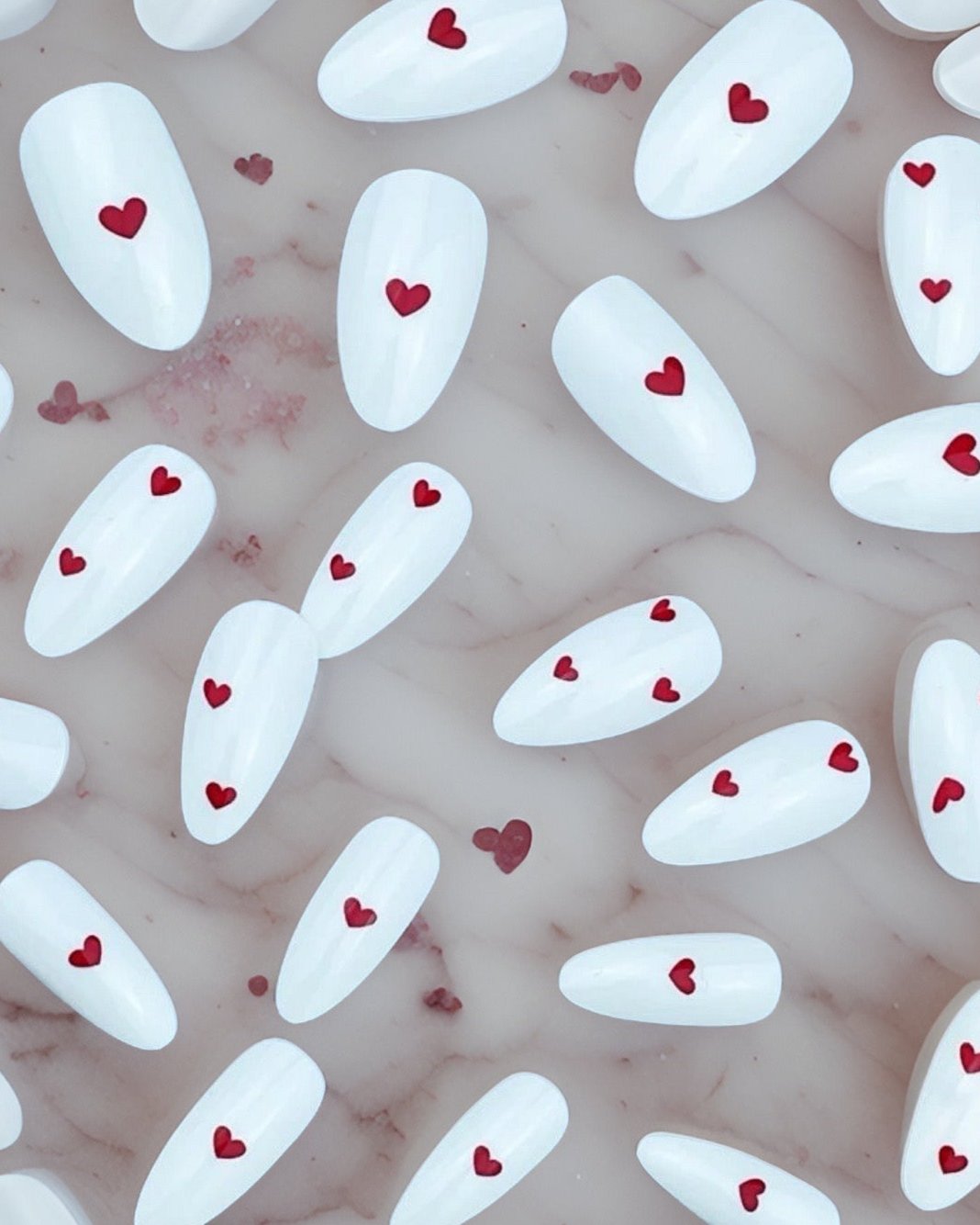 24Pc Almond Nails set in White with Small red Hearts - Press-on Express