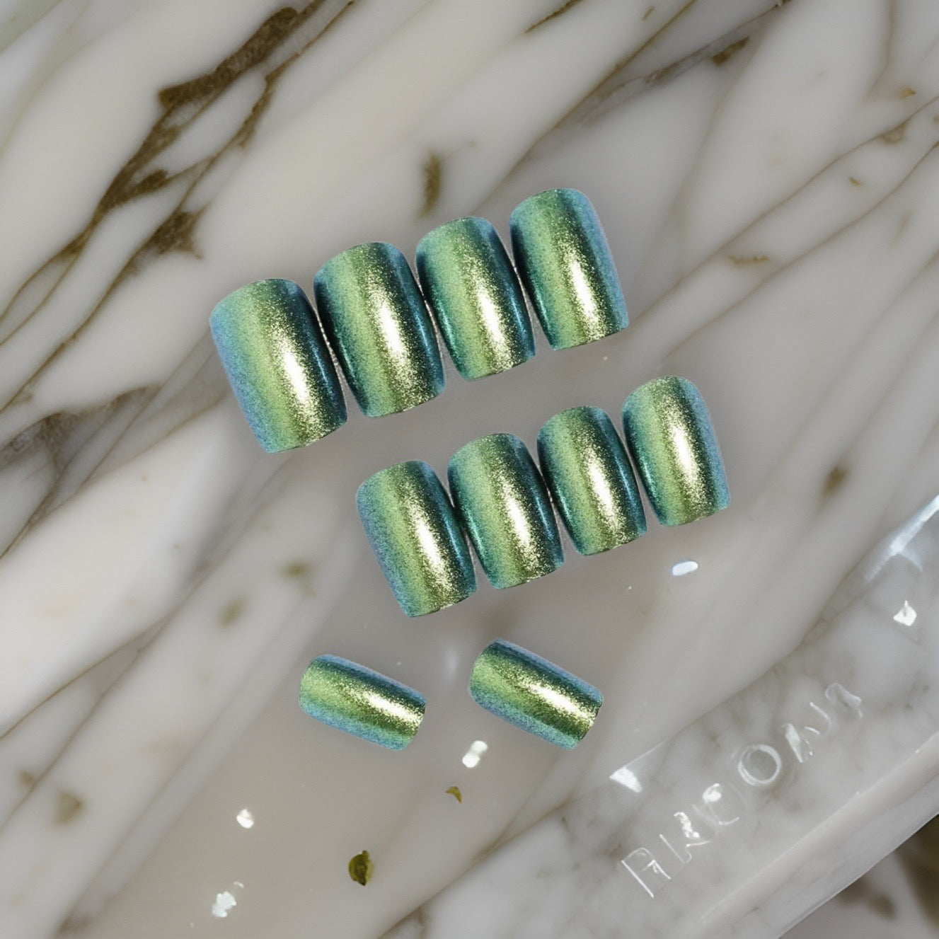 24Pc Square Nails set in Sparkly Iridescent Greens & Blues - Press-on Express