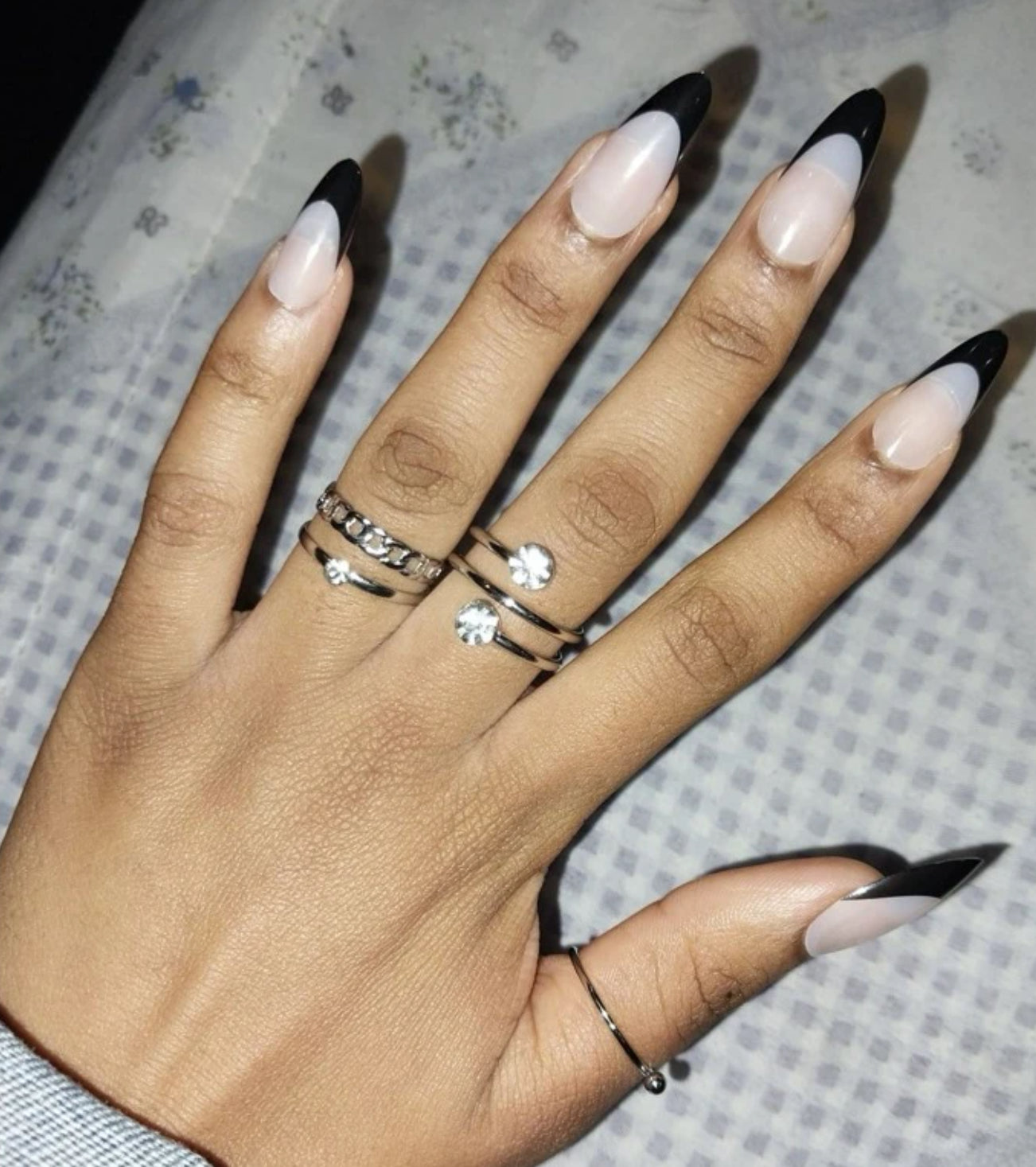 24-Piece Almond Nails Set in Soft Beige with Black French Tips - Press-on Express