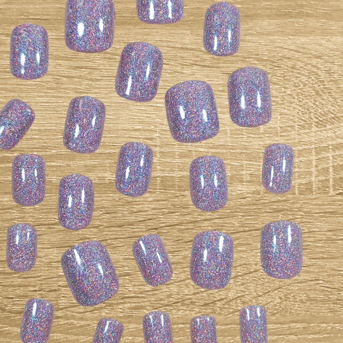 24-Piece Short Square Nails Set in Sparkly Silver Iridescent Shimmer - Press-on Express