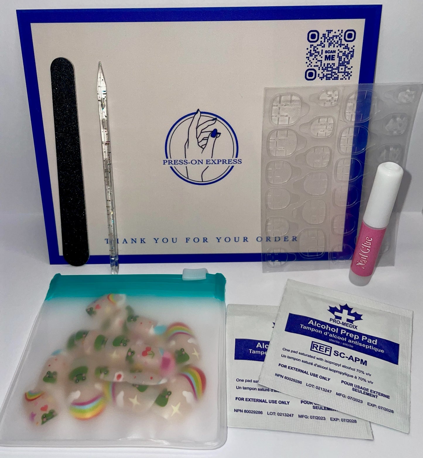24Pc Round Nails Set with Cute Frogs & Rainbows - Press-on Express