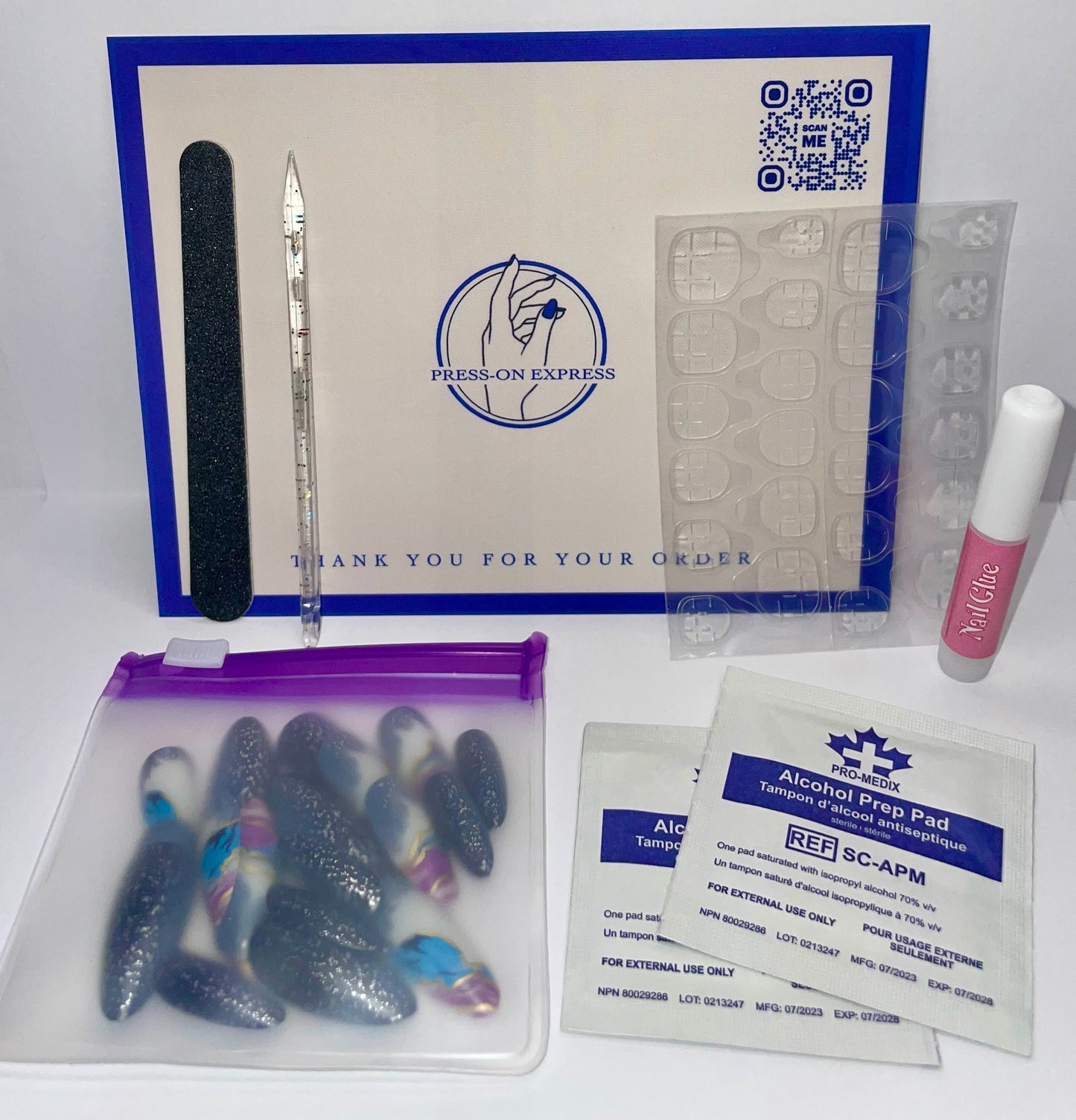 24Pc Almond Nails set in Purple Blue galaxy with Gold marble - Press-on Express