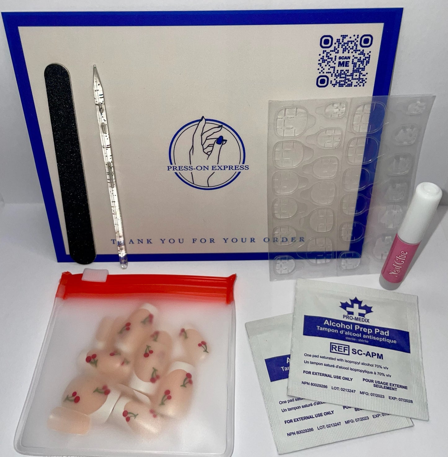 24Pc Square Nails Set in a Classic French Manicure with Cherry Designs - Press-on Express