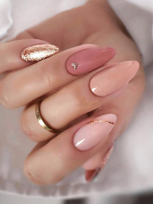 24Pc Almond Press-on Nails set in Shades of Nude Pink with Gold Accents
