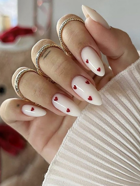 24Pc Almond Press-on Nails set in White with Small red Hearts