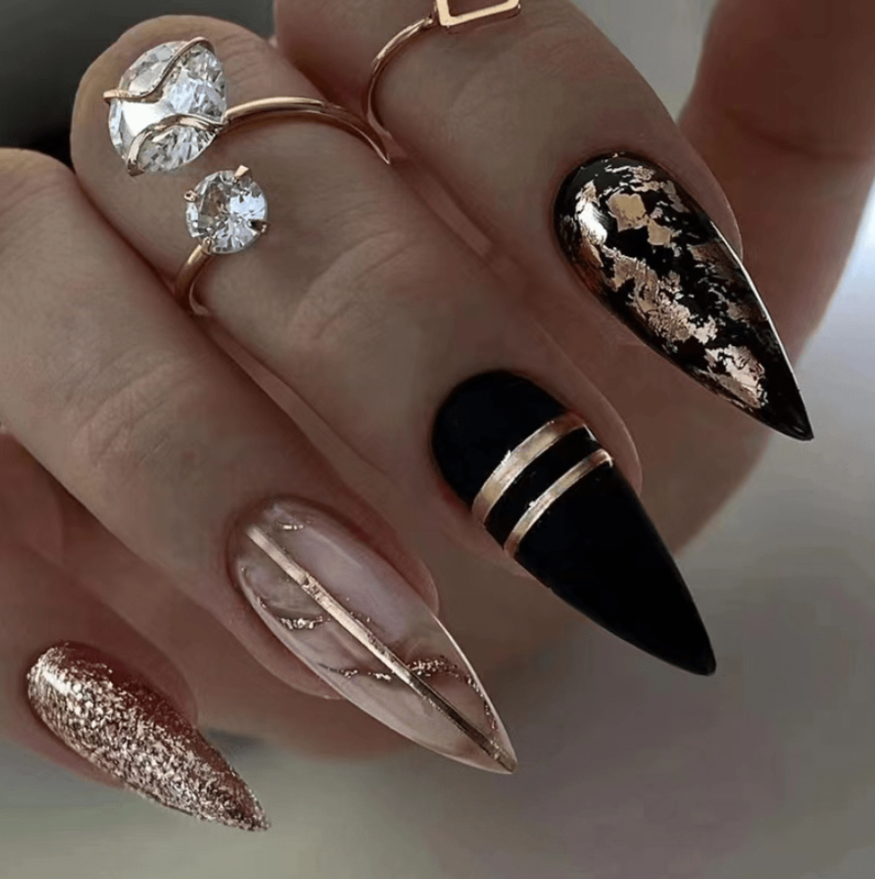 24Pc Stiletto Nails with black and gold designs - Press-on Express
