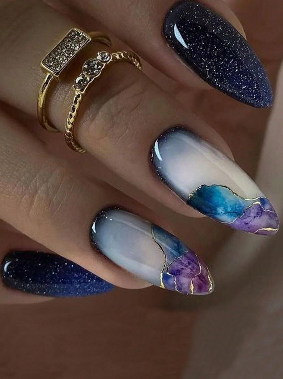 24Pc Almond Nails set in Purple Blue galaxy with Gold marble - Press-on Express