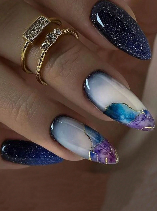 24Pc Almond Press-on Nails set in Purple Blue galaxy with Gold marble