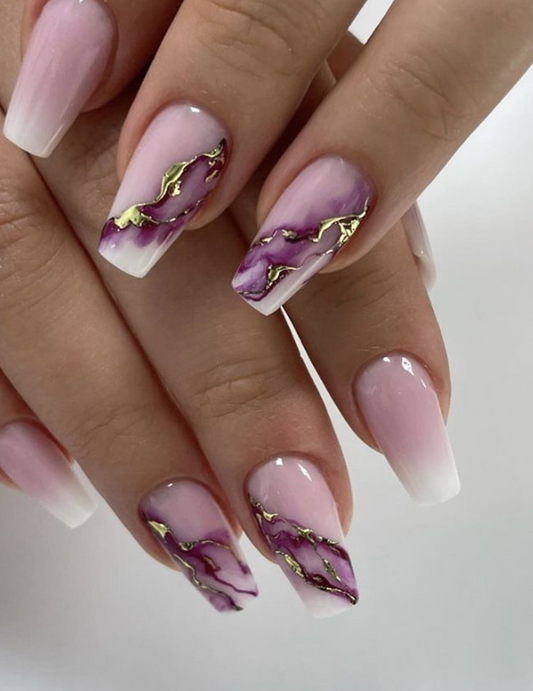 24Pc Ballerina Press-on Nails set in Ombré Pink with Purple & Gold Marble