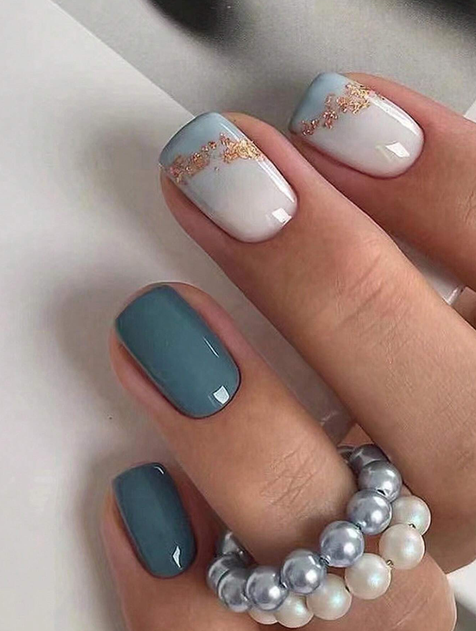 24Pc Short Square Nails with Blue and Gold Accent Designs - Press-on Express