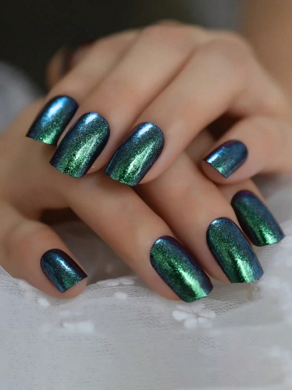 24Pc Square Nails set in Sparkly Iridescent Greens & Blues - Press-on Express