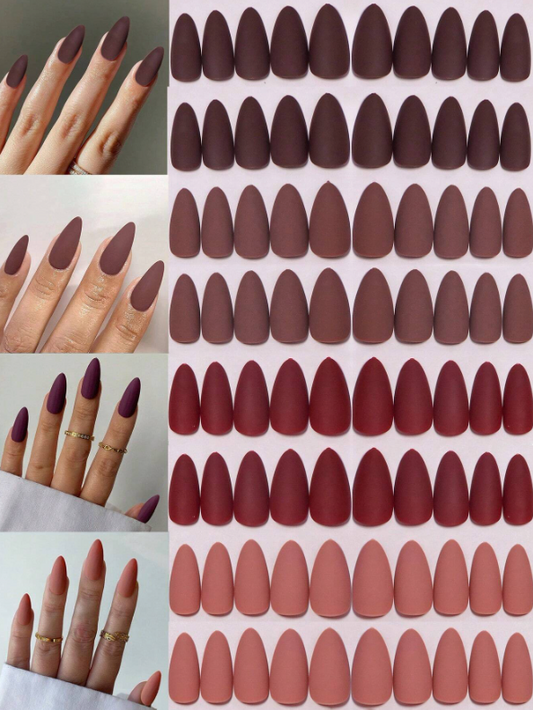 96Pc Almond Press-On Nails Set in Four Shades of Pinks/Reds/Neutrals