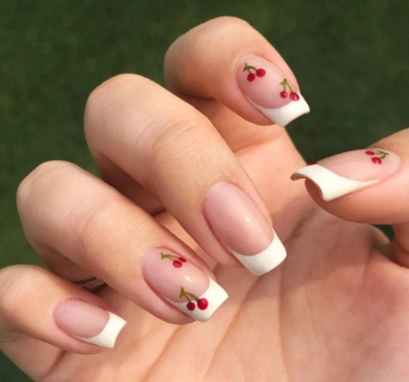 24Pc Square Nails Set in a Classic French Manicure with Cherry Designs - Press-on Express