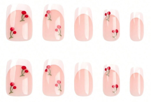 24Pc Square Nails Set in a Classic French Manicure with Cherry Designs - Press-on Express