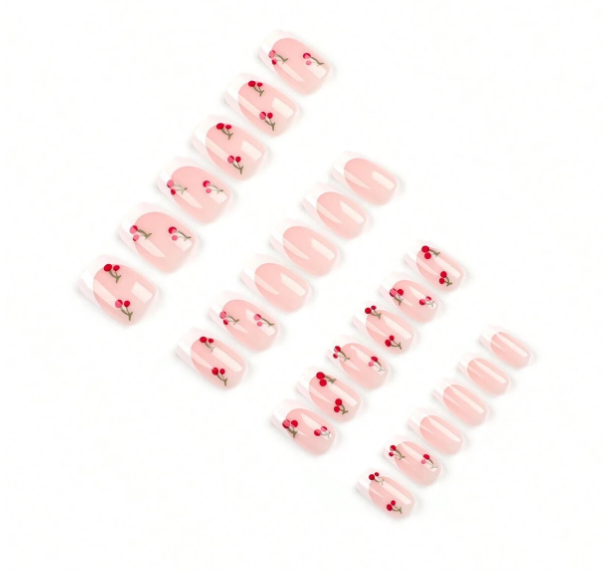 24Pc Square Nails Set in a Classic French Manicure with Cherry Designs - Press-on Express