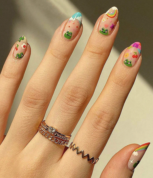 24Pc Round Press-On Nails Set with Cute Frogs & Rainbows