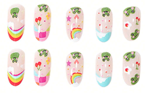 24Pc Round Nails Set with Cute Frogs & Rainbows - Press-on Express