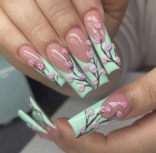 24Pc Square Press-On Nails Set with Cherry Blossoms on Pastel Green French Manicure