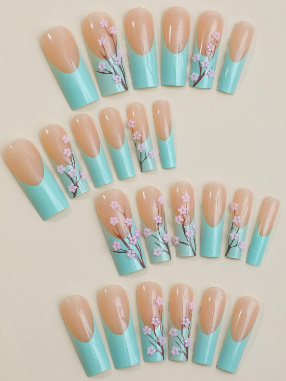 24Pc Square Nails Set with Cherry Blossoms on Pastel Green French Manicure - Press-on Express