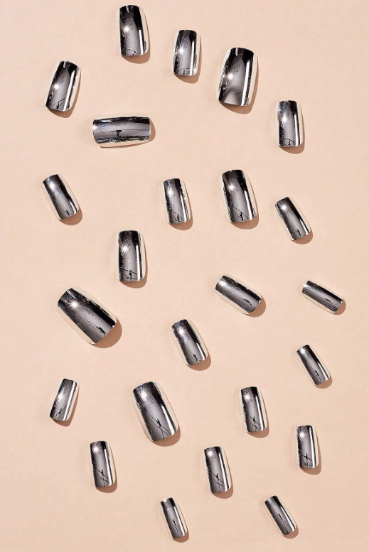 24Pc Square Nails Set in Silver Chrome - Press-on Express