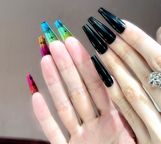 24Pc Extra Long Ballerina Press-On Nails Set in Black with Colorful Bottoms