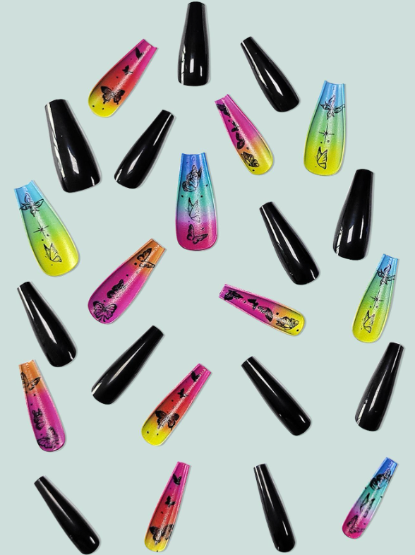 24Pc Extra Long Ballerina/Coffin Nails Set in Black with Colorful Bottoms - Press-on Express