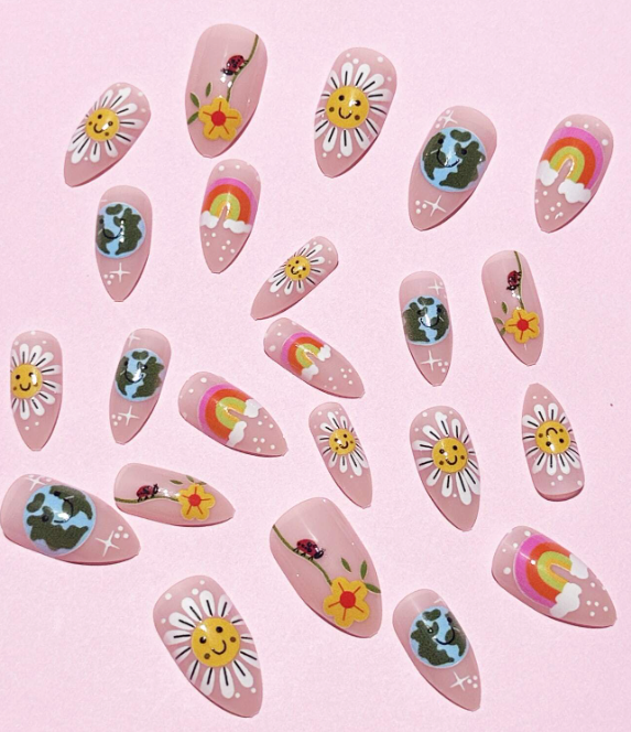 24Pc Almond Nails Set in Nude with Cute Flowers, Earths, and Rainbows - Press-on Express