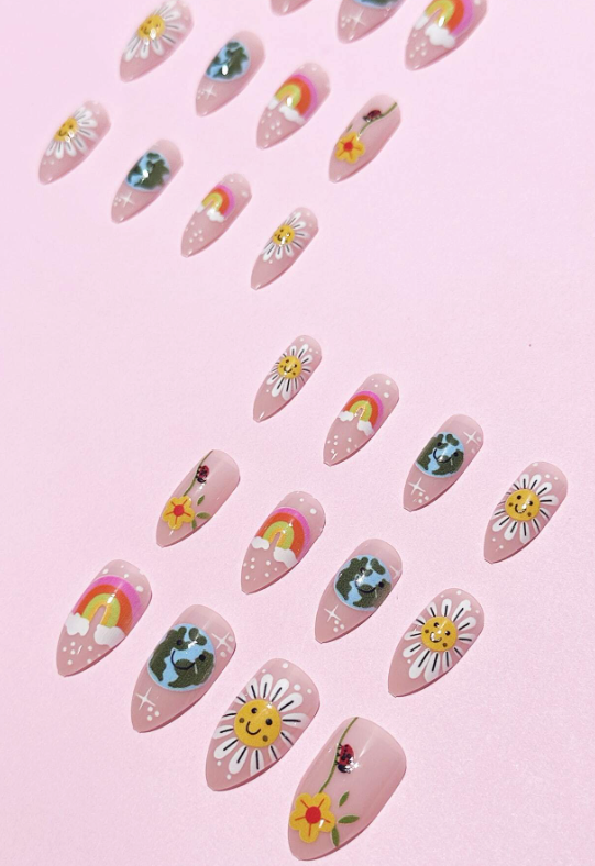 24Pc Almond Nails Set in Nude with Cute Flowers, Earths, and Rainbows - Press-on Express