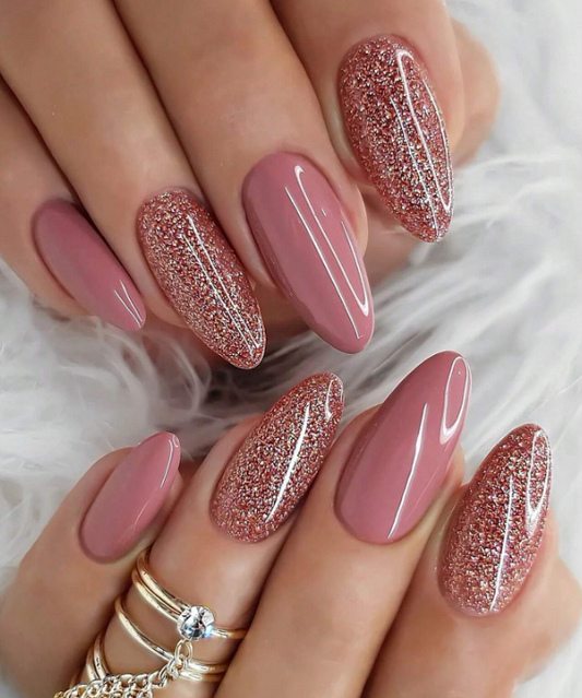 24Pc Almond Press-On Nails Set in Pink with Pink Sparkly Accent Nails