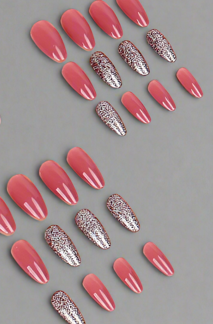 24Pc Almond Nails Set in Pink with Pink Sparkly Accent Nails - Press-on Express