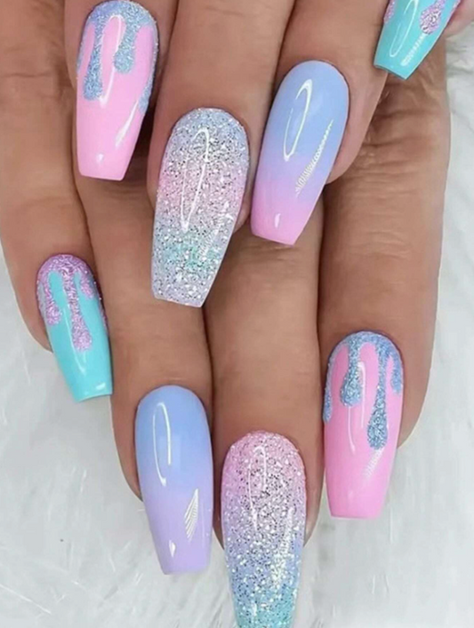 24Pc Ballerina Press-On Nails Set in Pastel Blue/Pink/Purple with Sparkles Dripping