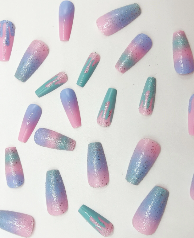 24Pc Ballerina Nails Set in Pastel Blue/Pink/Purple with Sparkles Dripping - Press-on Express