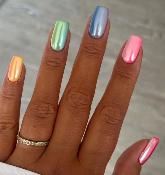 24Pc Square Press-On Nails set in a Rainbow Metallic Finish
