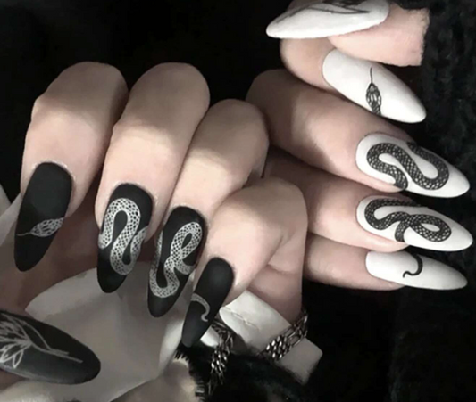 24Pc Almond Press-On Nails Set in Black and White with Snake & Leaf Designs