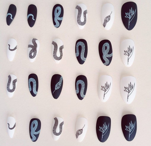 24Pc Almond Nails Set in Black and White with Snake & Leaf Designs - Press-on Express